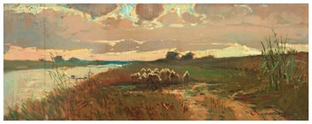 GIORGIO LUXARDO Livorno 1937 Tramonto Olio su tavola 17 x 46,5. Firma in b. a...