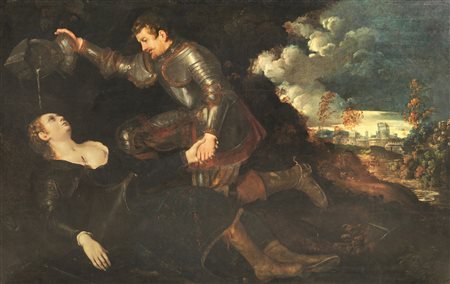 Giuseppe Caletti TANCREDI BATTEZZA CLORINDA Olio su tela, cm 134x206 L’opera...