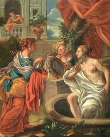 Scuola italiana del XVIII secolo BETZABEA AL BAGNO Olio su tavola, cm 38x30