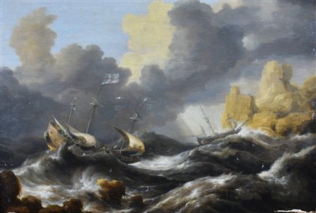 Peters Bonaventura MARE BURRASCOSO CON VASCELLI PERICOLANTI olio su tavola,...