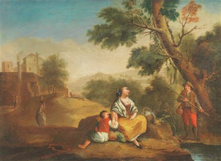 Scuola veneta del XVIII secolo PAESAGGIO CON FIGURE Olio su tela, cm 44,7x60