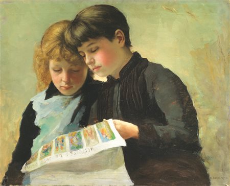 Henri Bonnefoy FANCIULLI IN LETTURA Olio su tela, cm 55x66 Firmato