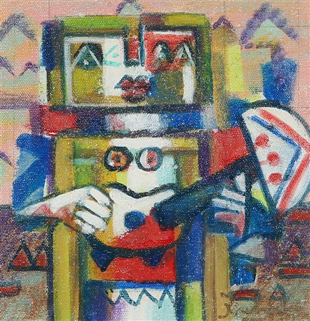 IBRAHIM KODRA 1918 - 2006 Suonatore, 1985 Tecnica mista su tela, cm. 20 x 20...