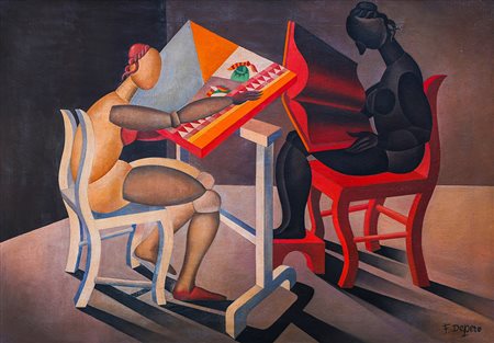 FORTUNATO DEPERO 1892 - 1960 Lettrice e ricamatrice automatiche, 1921-23 Olio...