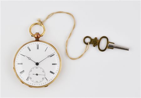 OROLOGIO DA TASCHINO, ANONIMO SVIZZERO, IN ORO 18 K E SMALTI CASSA: cesellata...