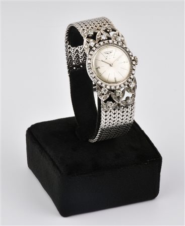 OROLOGIO PER SIGNORA LONGINES IN ORO BIANCO 18 K E DIAMANTI, ANNI ‘60 CASSA:...