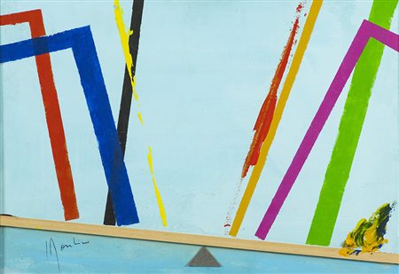 Aldo Mondino (Torino 1938 Torino 2005) Bilance su fondo blu 1973, Tecnica...