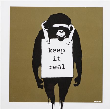 Banksy ( 1974 ) Keep it real , Serigrafia su cartoncino fronte retro cover...