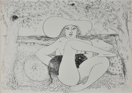 Luciano Proverbio DONNA CON GATTO litografia a un colore, cm 50x70 esemplare...