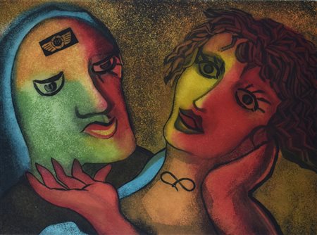 Enrico Baj AMANTI acquaforte acquatinta su carta, cm 70x100 (lastra cm 60x80)...