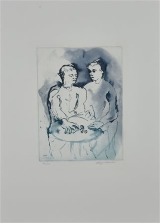 Aligi Sassu GIOCATORI DI DADI incisione su carta, cm 50x36 (lastra cm 22x16)...