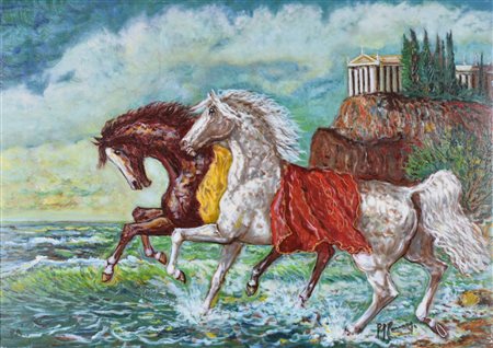 Giovan Francesco Gonzaga CORSIERI DI ACHILLE serigrafia su tela, cm 50x70 sul...