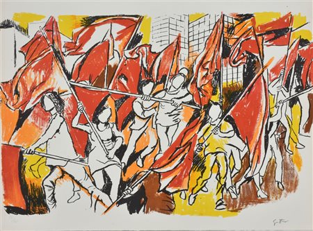 Renato Guttuso La gioventù con bandiere litografia su carta, cm 47,5x62,5...