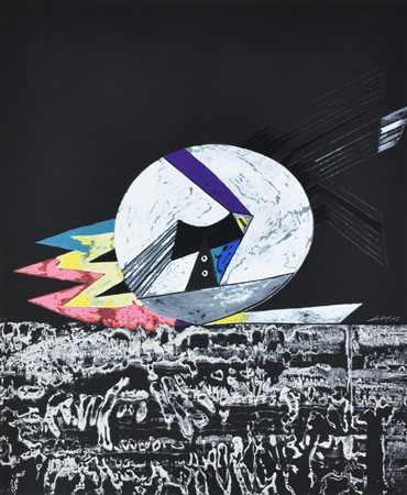 Gianni Dova SENZA TITOLO litografia su carta con applicazioni, cm 60x50...