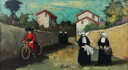 Nino Caffè PRETINO IN BICICLETTA olio su tavola, cm 24x15 sul fronte: firma...