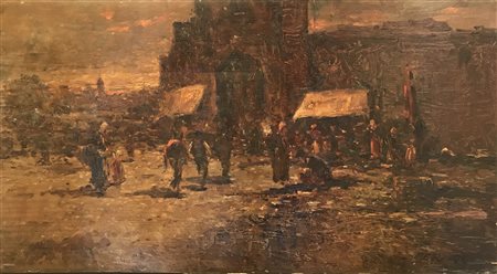 Ferruccio Rontini GIORNO DI FIERA MUGELLO olio su compensato, cm 48,5x87,5...