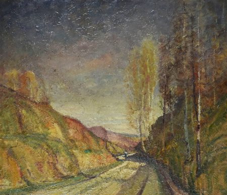 Merlo Metello STRADA A TROFARELLO olio su cartone, cm 60x70 sul fronte: firma