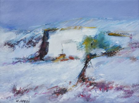 Ugo Spezi PAESAGGIO INVERNALE olio su cartone, cm 18x24 sul fronte: firma
