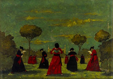 NINO CAFFÈ (1908 - 1975) Pretini Olio su tela 50 x 70 cm Firmato in basso al...