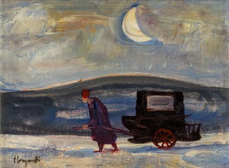 TRENTO LONGARETTI (1916 - 2017) Viandante Anni '90 Olio su tela 18,2 x 24 cm...