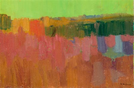 SILVIO ZANELLA (1918-2013)Paesaggio con cielo verde, 1966Olio su cartone...