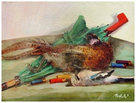 ENNIO TORTOLI Livorno 1928 - 1998 Caccia Olio su tela 50 x 70. Firma in b. a...