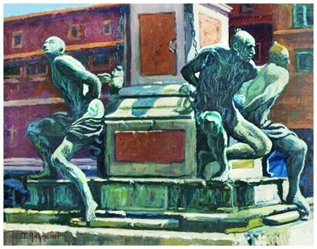 JOSEPH ANGIOLINI Livorno 1950 I 4 mori 2007 Olio su tavola 19,3 x 24,8. Firma...