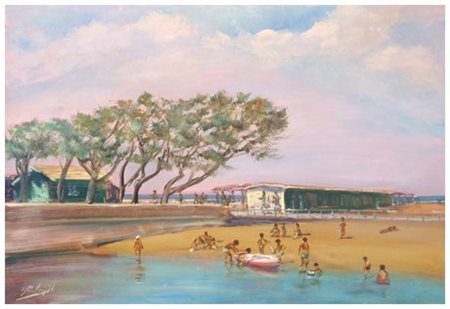 LORENZO PALAZZI Livorno 1921 – 1990 Bagni Scoglio della Regina a Livorno Olio...