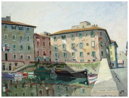 GIANCARLO LANDI Livorno Ar ponte di marmo Olio su tavola 43 x 59. Firma in b....
