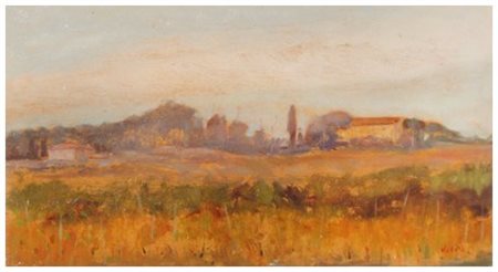 ANGIOLO VOLPE Livorno 1943 Foschia a Cutigliano 1967 Olio su faesite 28 x 50....