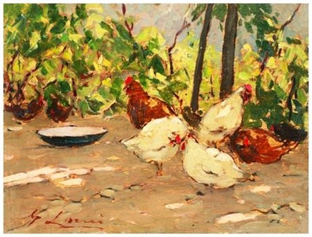 GIOVANNI LOMI Ardenza 1889 – 1969 Polli 1940 ca. Olio su tavola 14,5 x 19,2....
