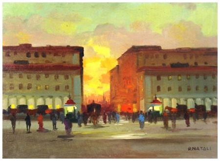RENATO NATALI Livorno 1883 – 1979 Piazza e Via Grande con tramonto infuocato...