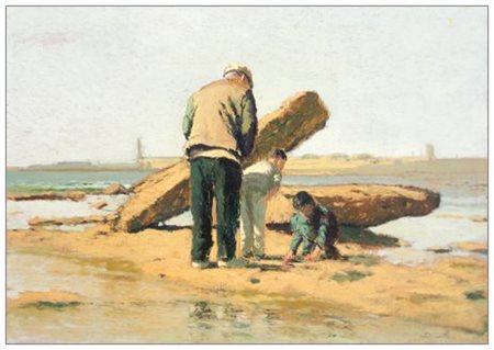 ANTONIO DINELLI Livorno 1982 Marina con figura Olio su tavola 35 x 50. Firma...