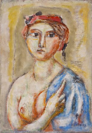 GUIDO PAJETTA (1898-1987)Busto di donna con manto blu, 1952Olio su telacm...