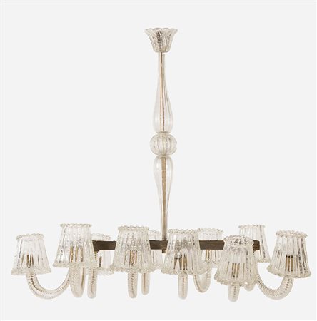 Lampadario in vetro trasparente di Murano, Anni ‘50. Di forma allungata,...