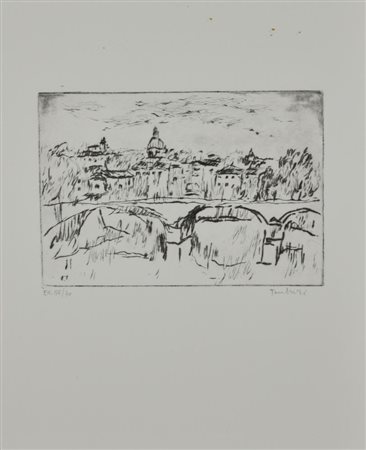 Orfeo Tamburi PONTE SUL TEVERE acquaforte su carta, cm 49x36 (lastra cm...