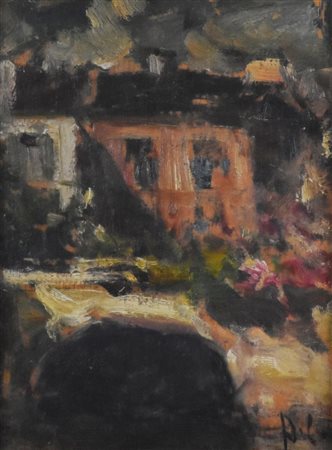 Ignoto Casa olio su tavola, cm 24x18 sul fronte: firma