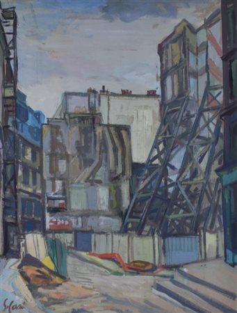 Giovanni Solari PAESAGGIO URBANO olio su carta, cm 65x50 sul fronte: firma