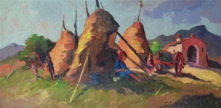 Dominici COVONI DI FIENO olio su masonite, cm 30x60 sul fronte: firma