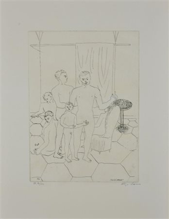 Aligi Sassu GIOCATORI DI DADI incisione su carta, cm 53x37 (lastra cm...