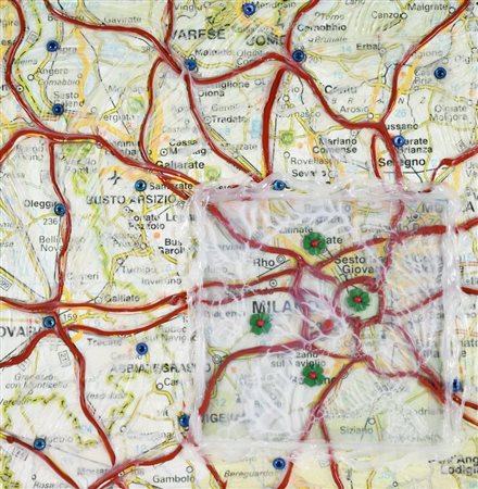 Kicco COMPOSIZIONE assemblage e silicone su tavola, cm 70x70