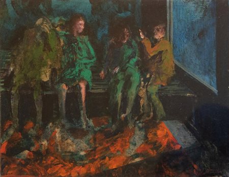 Robert Carroll FIGURE IN UN INTERNO olio su tela, cm 24,5x34,5 sul fronte: firma