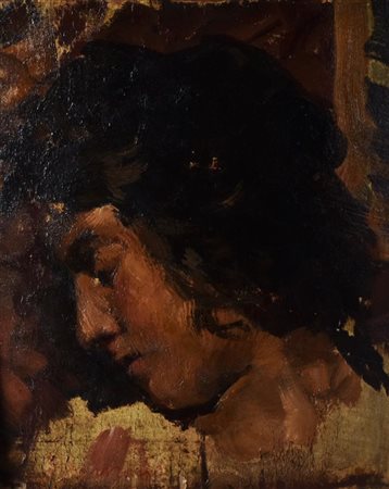 Romolo Bernardi VOLTO FEMMINILE olio su tavola, cm 37,7x30,2 sul fronte:...