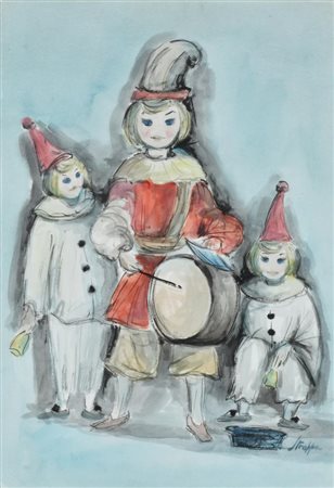 Leonardo Stroppa TAMBURELLO E PIERROT acquarello su carta, cm 54x38 sul...