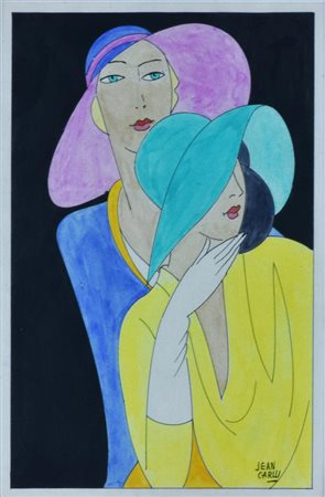 Jean Carlu SIGNORE COL CAPPELLO tecnica mista su carta, cm 28x18 sul fronte:...