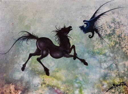 Antonio Cannata LOTTA olio su masonite, cm 30x40 sul fronte: firma sul retro:...