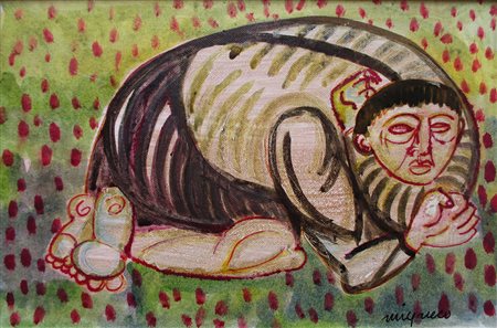 Giuseppe Migneco, Senza titolo, China colorata su carta intelata, 20cm x...