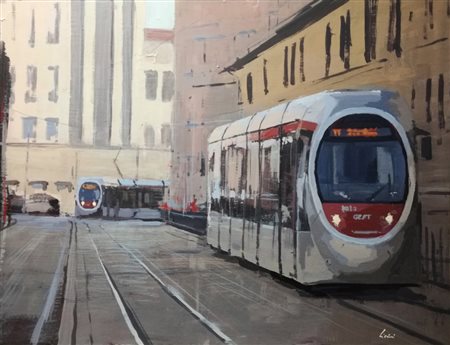 Claudio Cionini, Tramvia a Firenze, 2018 Mista su cartone, 60cm x 80cm....