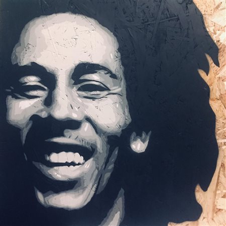 Manuel Giacometti, Bob, 2018 Legno osb stencil spray, 40cm x 40cm x 2cm....