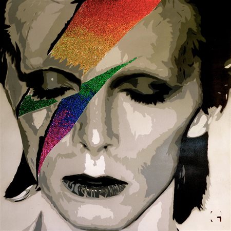Manuel Giacometti, David Pride Bowie, 2018 Spray glitter colla stencil legno,...